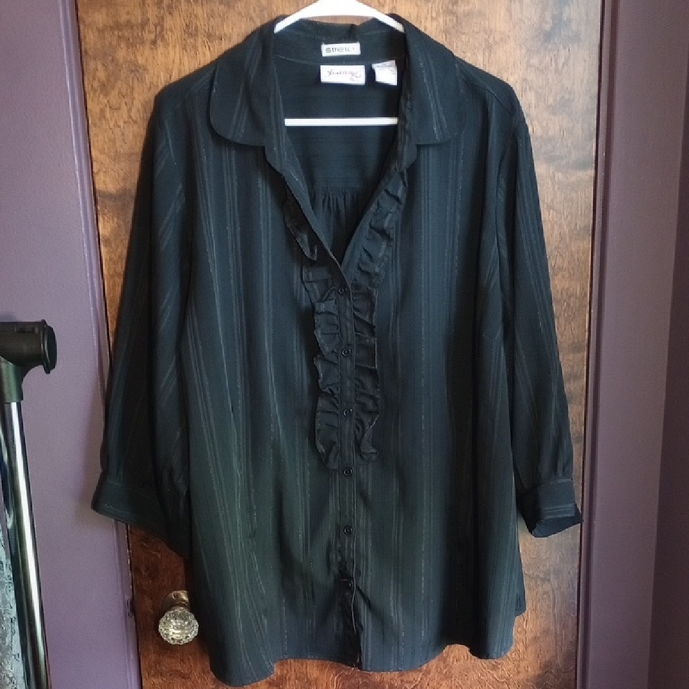 Joanna Plus Stretchy Black Ruffled Striped Blouse Size 3x